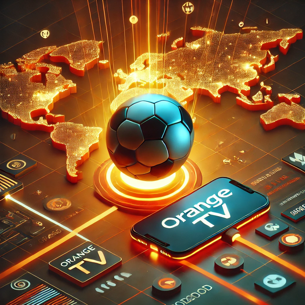 Mapa mundial iluminado con un balón de fútbol en el centro y el logotipo de Orange TV, simbolizando la conexión global para ver partidos desde el extranjero.